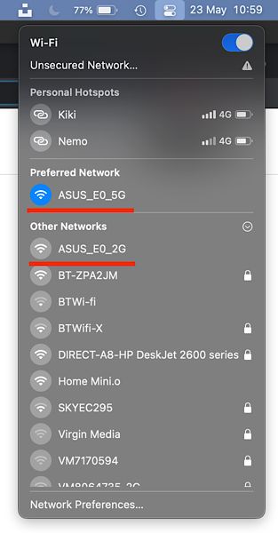 An image of a list of Wi-Fi networks on a macOS computer; accessible by clicking the settings icon in the top right or the screen