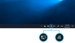 An image of the icons in the Windows taskbar that open the Wi-Fi networks list. One looks like a globe. One like a computer screen. One like a Wi-Fi symbol or radio waves.